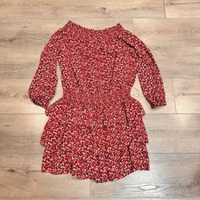 MICHAEL KORS Sangria Floral Smocked Ruffle Off the Shoulder Dress Red Medium M