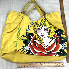 Ed Hardy 1971 Large Yellow Nylon Tote Bag Veronica Rose Pin Up Tattoo Y2K
