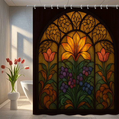 Floral Stained Glass Shower Curtain - Colorful Fabric Design