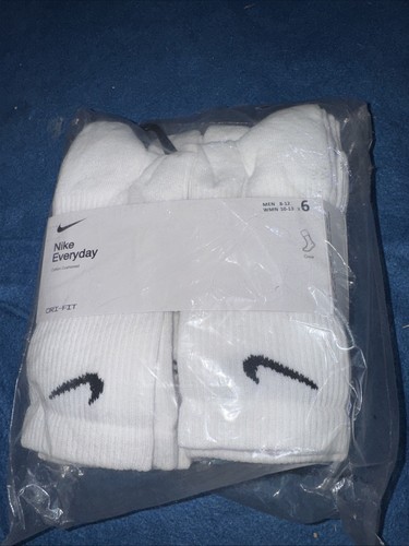 Nike Everyday Cushioned Crew Socks Mens Size 8-12 Wmns 10-13 Socks 6 Pairs White