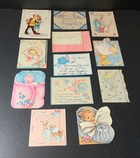 VTG Used Baby Announcement Cards Lot 13 Rust Craft Stork Parachute Buggy CUTE