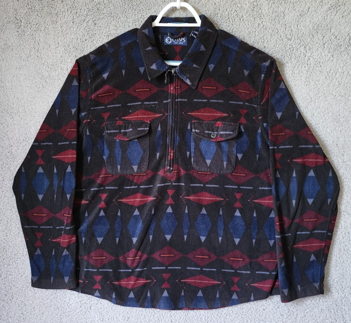 CHAPS Size XL Tribal Native Aztec Print Half Zip Pocket Fleece Jacket Polyester