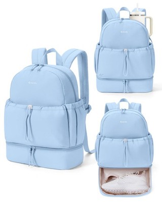 Light Blue Gym Puffer Backpack Women Shoe Compartment Wet Pocket Cup Holder