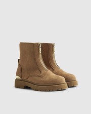 River Island Girls Boots Brown Faux Suede Zip Front Chunky Heel Round Toe Shoes