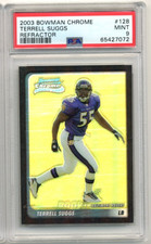 2003 Terrell Suggs- PSA 9 /500 Bowman Chrome Refractor Rookie Football Card #128. rookie card picture