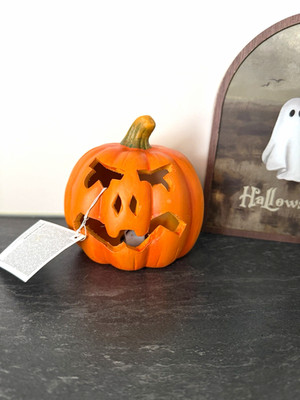 Keramik Jack O Lantern Halloween Kürbis Figur orange/grün LED, LR44, 10cm