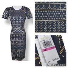 Michael Michael Kors Geometric Knit Dress Women XXS Bodycon Black Metallic Gold