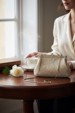 Elegant White Beaded Embroidered Evening Clutch with Chain Strap. 1950s Vintage