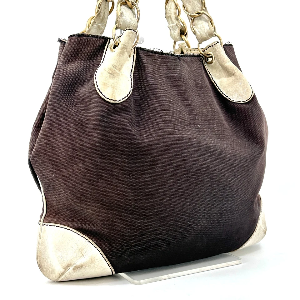 CHANEL Canvas Leather Chain Tote Bag Large Brown Ivory CC Logo Authentic - Image 2 of 4