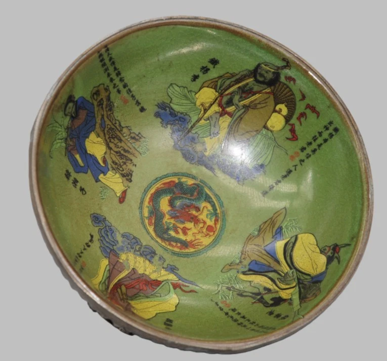 Cuenco de Esmalte Verde Chino Vintage Montaje Plateado Ocho Inmortales Dragón Porcelana Foto 2 de 4