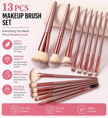 Cruelty Free Vegan 13 PCS Makeup Brush Set with Sponges, Remover Puffs, Brown