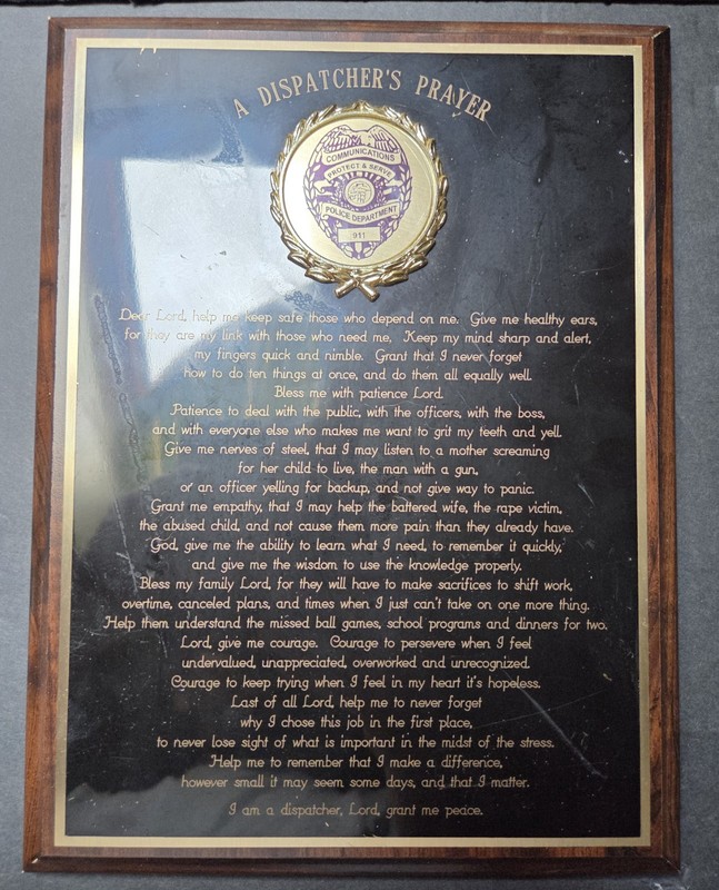 911 Police Gift - A Dispatcher Prayer 8x10 Engraved Plaque - Law Enforcement 