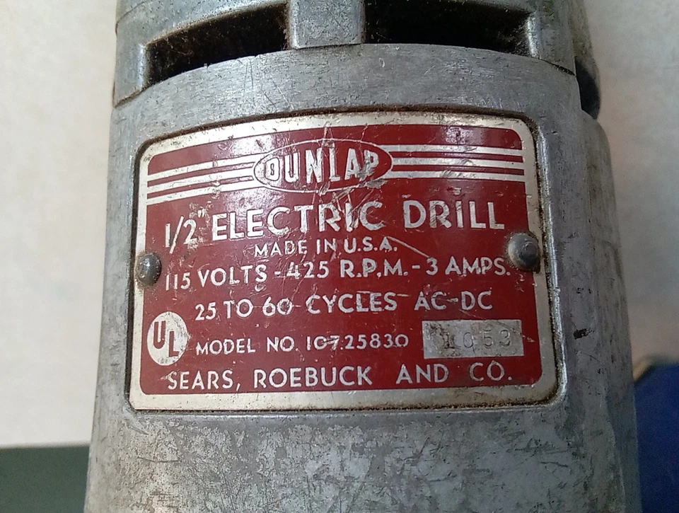 Огромный винтажный электрический сверлильный инструмент Dunlap Sears & Roebuck большой 1/2 дюйма с превосходным патроном - Изображение 2 из 4