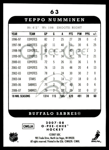 2007-08 O-Pee-Chee Micromotion Teppo Numminen Buffalo Sabres #63 - Picture 2 of 2