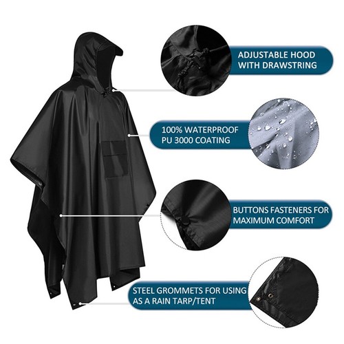 Waterproof Rain Poncho Rainwear 3 in 1Raincoat Bicycle Cover Hooded Cape Hiking - Picture 7 of 17