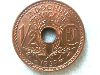 1939 French Indo China 1/2 Cent Coin Choice BU, Full RED Copper