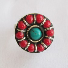 Tibetan Silver Turquoise Red Coral Original Jewelry Adjustable Round Ring R35