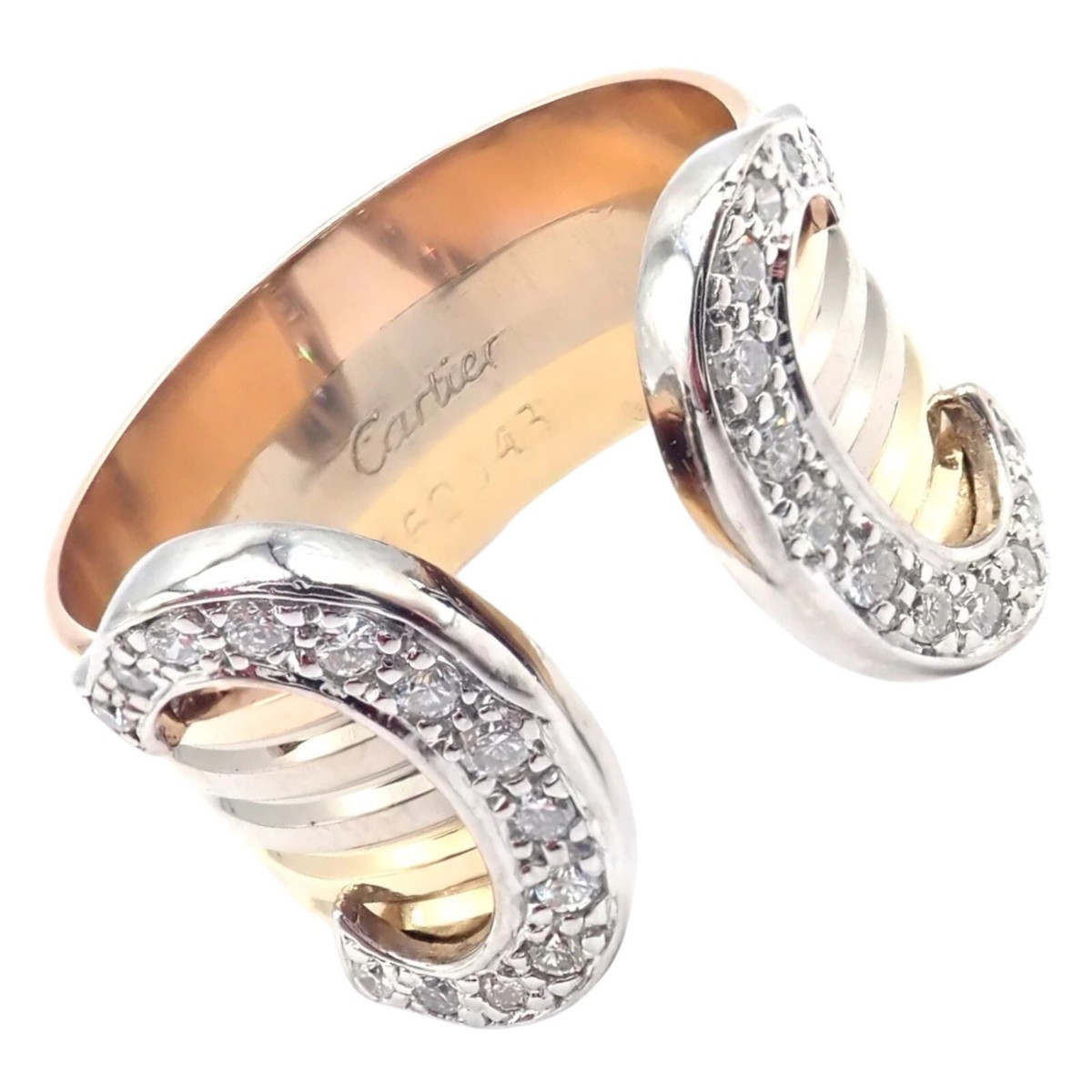 Authentic! Cartier Diamond Double C 18k Tri-Color Gold Band Ring