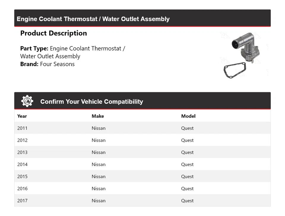 For 2011-17 Nissan Quest Engine Coolant Thermostat / Water Outlet Assy 4 Seasons - Image 2 of 4
