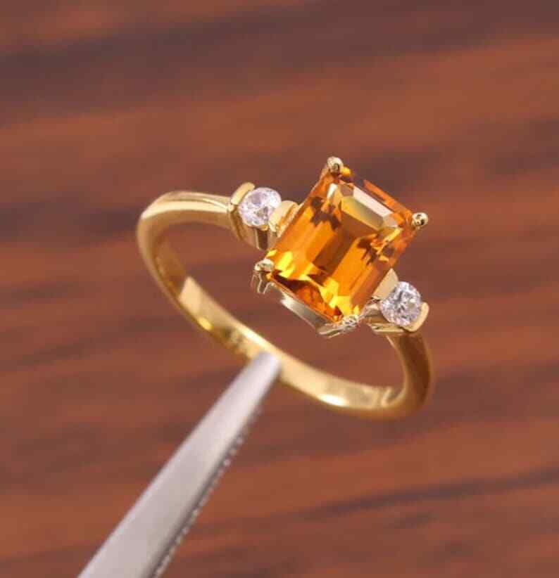 Natural Citrine Diamond Gold Plated Silver Engagement Ring for Women