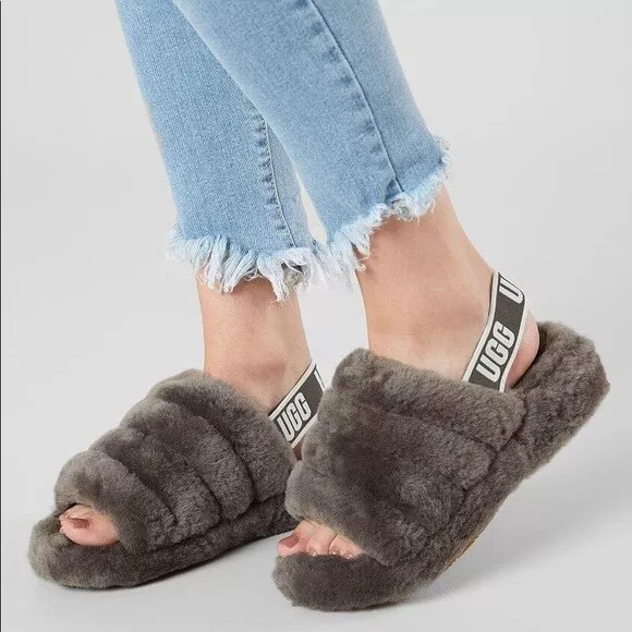 viva Sustancialmente Marte UGG FLUFF YEAH GENUINE SHEARING SLINGBACK SANDALS SLIPPERS CHARCOAL  WOMEN&#039;S SZ 6 | eBay