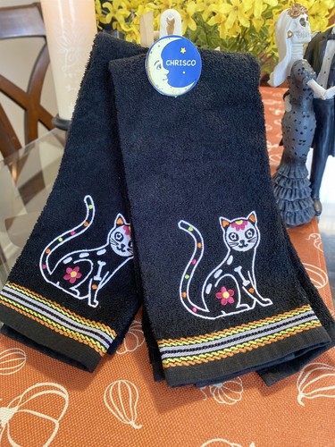 2 Stück Schwarze Katze Sugar Skull Halloween Tag der Toten Küche Geschirrtücher 16x24 - Bild 2 von 4