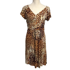 NWT V Cristina Dress Size MEDIUM Brown Tan Animal Print Faux Wrap Dress V-Neck