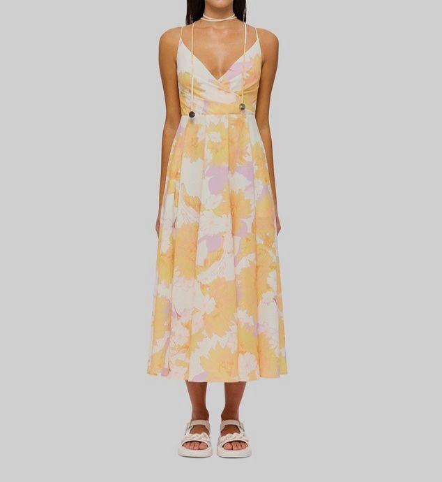 $750 Leo Lin Women's Yellow Floral Strappy Self-Tie Neck Lisa Dress Size 10  | eBay