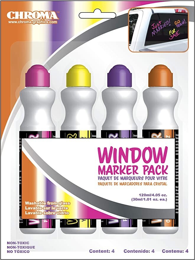 CHROMA 60001 Neon Color Window Markerz, (Pack of 4) Washable from Glass