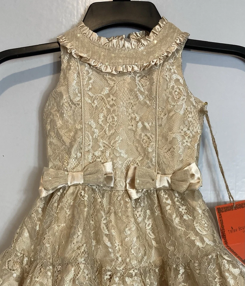 Trish Scully ребенка платье девочек размер 2T золото кружева блестки тюль ярусный банты - Изображение 2 из 4
