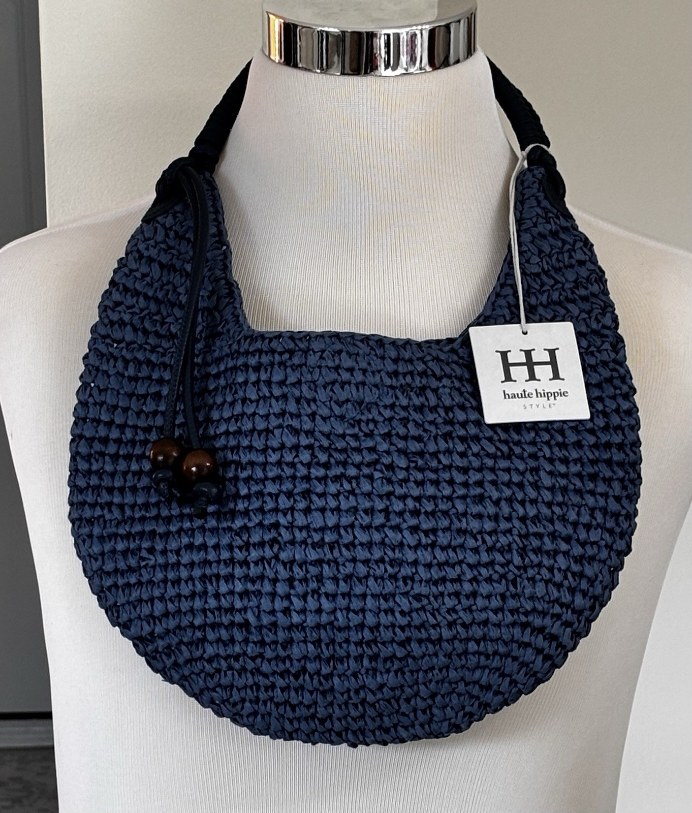 Haute Hippie Style Navy Blue Woven Raffia Straw Shoulder Bag Boho Beach Tote NWT