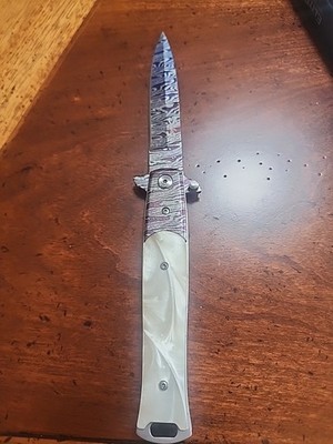 Stiletto Style Knife Elite Edge NEW In Box White Marble Style Handle