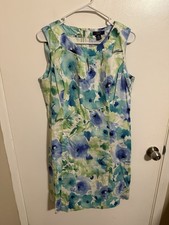 Chaps Dress Sleeveless Knee Length Blue Green Floral Size 14