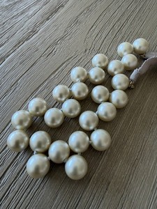 Ivory Simulated Round Imitation Pearl Beaded Cord Necklace w/ Ribbon Tie Closure