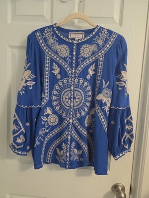 JOHNNY WAS Workshop  Blue Embroidered Top 100% Modal Button Up Scallop Sleeve L
