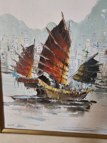 Vintage Signed & Framed Oil & Impasto Junk Boats Painting - Picture 3 of 8