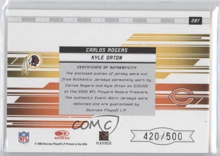 2005 Leaf Rookies & Stars Dual Rookie Jersey /500 Kyle Orton Carlos Rogers RC - Image 2 of 2