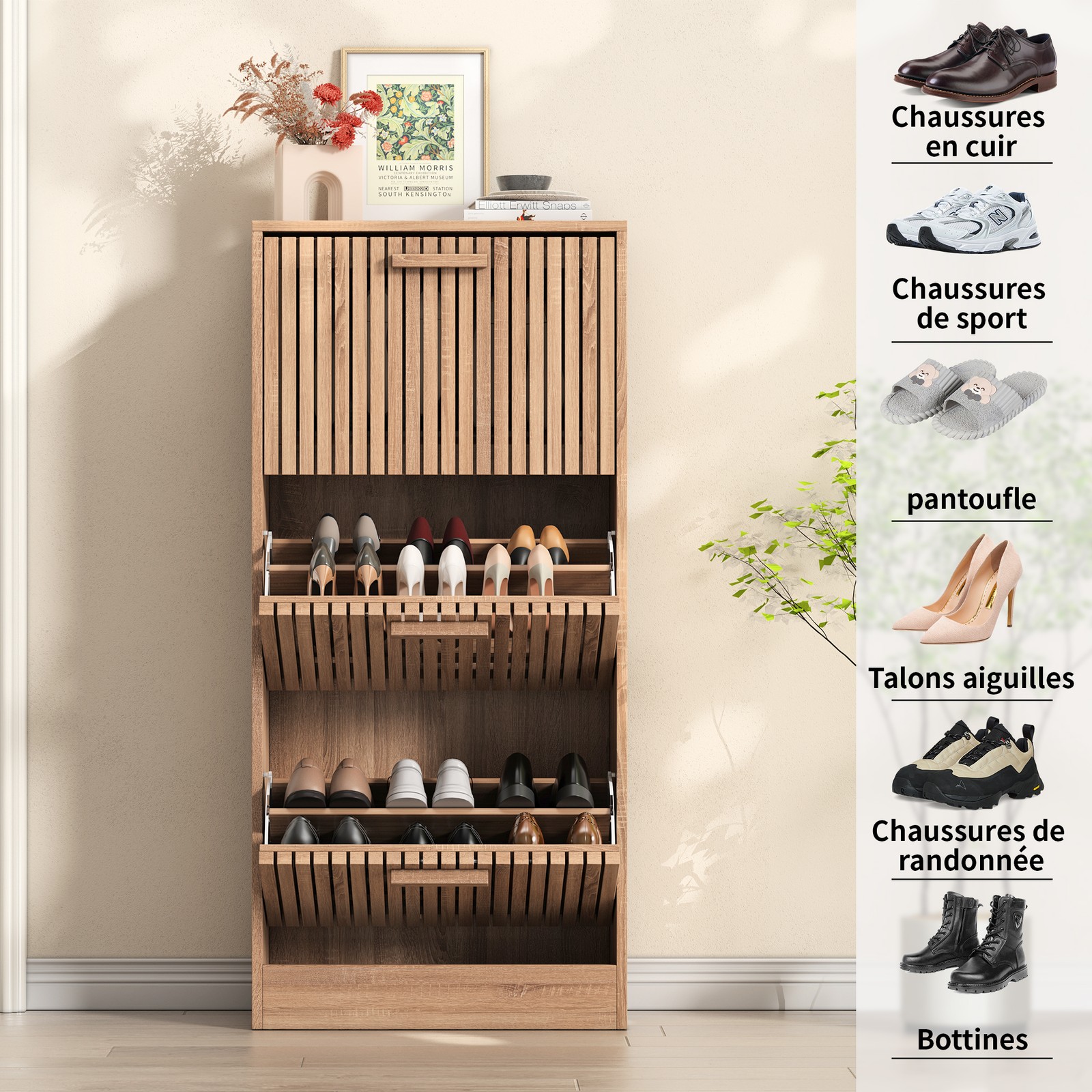 Schuhschrank 3 Klappen Schuhkipper Schuhregal 60x24x113 cm mit 6 Fächern Rattan
