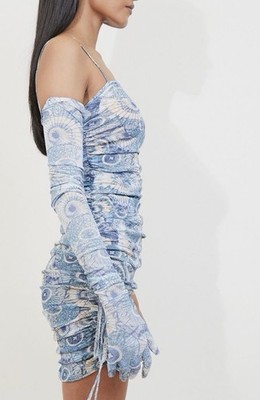 Kim Shui blue shell print ruched mini dress with gloves size M Medium | eBay