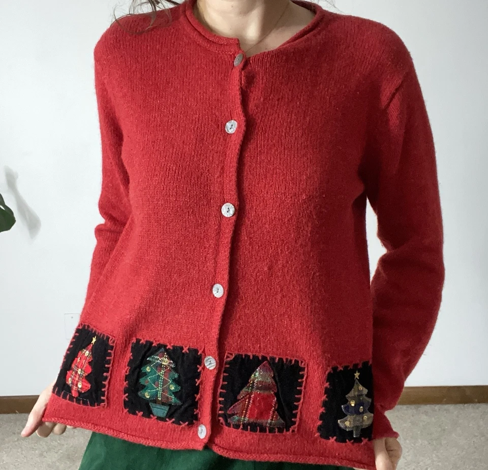 VINTAGE LIZ CLAIBORNE Patchwork Christmas Tree Cardigan Large Granny Holiday 90s - Image 2 of 4
