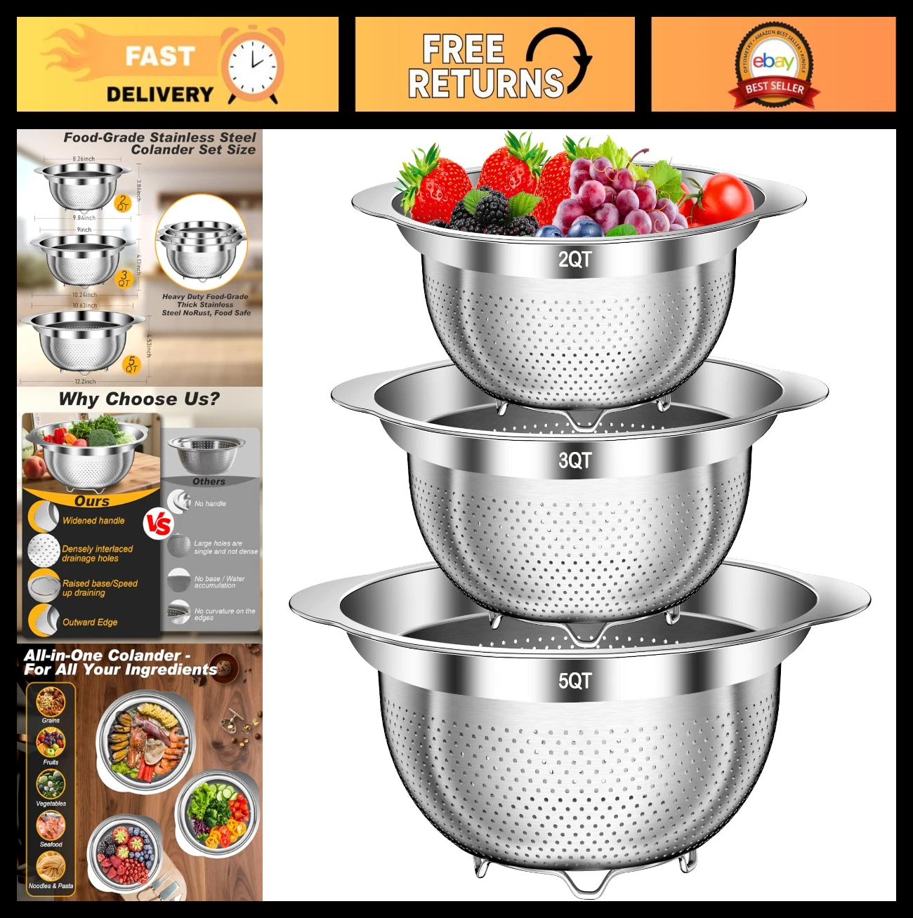 Stainless Steel Colander Set - 3PC Kitchen Strainer for Pasta, Veggies, Fruit