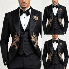 Luxury Black Men's Suits Gold Floral Embroidery Peak Lapel Wedding Groom Tuxedo