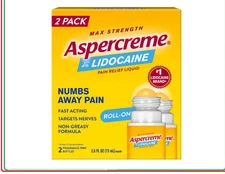 Max Strength Aspercreme 4% Lidocaine Pain Relief Liquid Roll-On, 2 Pack