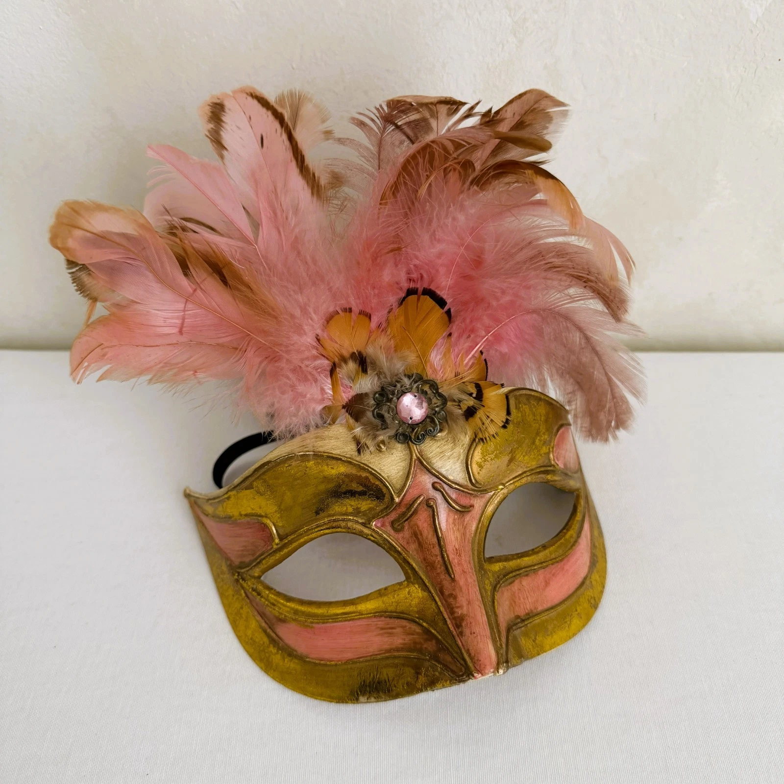 VTG Ca' Macana Original Venetian Paper Mache Masquerade Mask Pink Gold Feathers