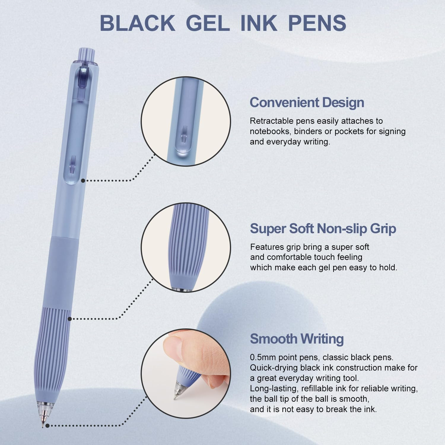 Gel Pens Black Ink Pens for Office 0.5Mm Fine Point Pens Smooth Writing Retracta