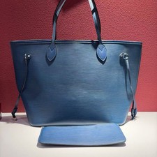 Authentic Louis Vuitton Neverfull MM Blue Epi Leather Tote with Pouch