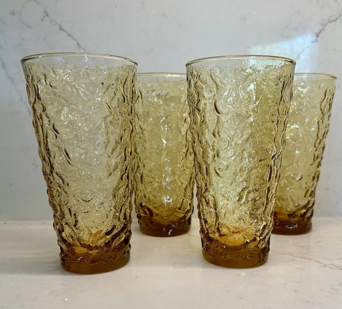 Set of 4 Anchor Hocking Milano Honey Gold Amber 16oz Crinkle Tumblers Coolers