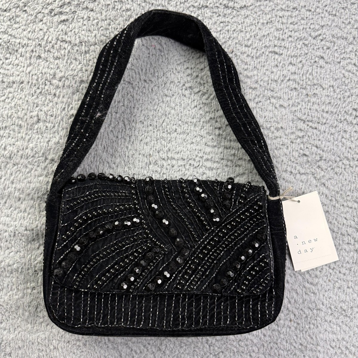 A New Day Shoulder Bag Womens Small Black Velvet Beaded Purse