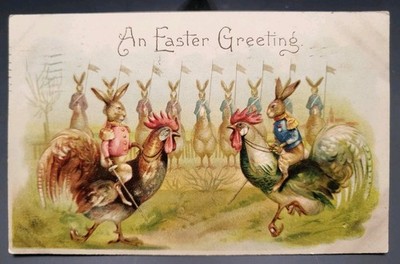 Rare Easter Anthropomorphic Dressed Bunnies Rooster Fight Embossed Postcard 1907