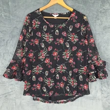 Womens Top Small Black Romantic Floral Lace Bell Sleeve Fairy Grunge Whimsygoth